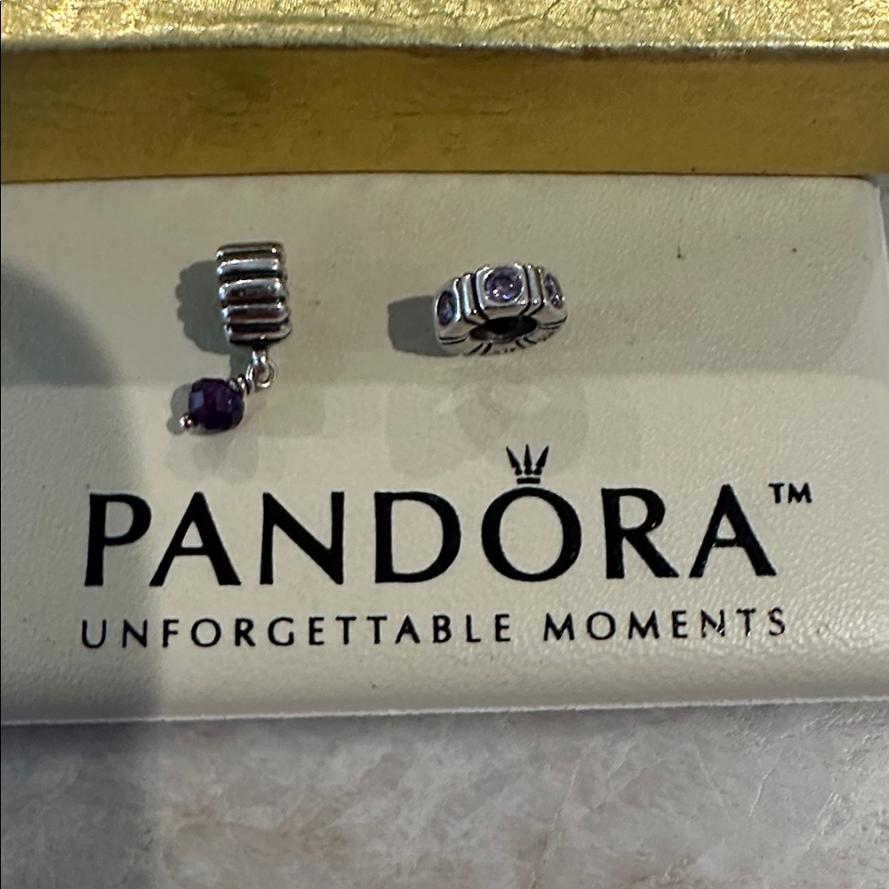 Pandora Silver Charm Set with Amethyst details. Two (2) charms